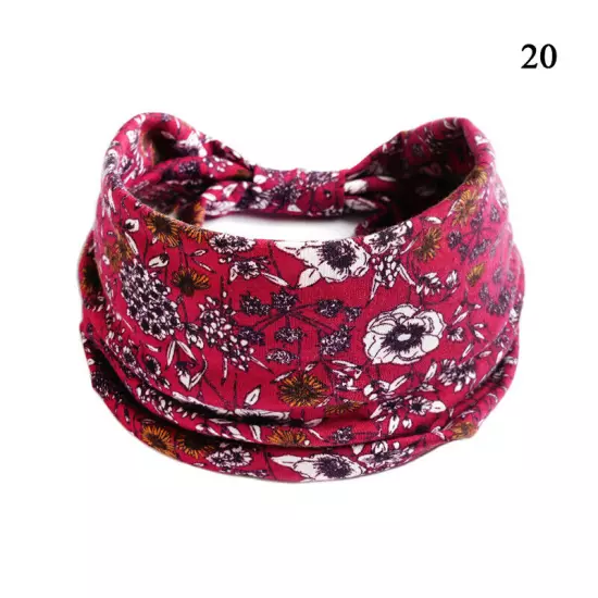 Women Boho Flower Print Wide Headband Vintage Knot Elastic Turban Headwrap *