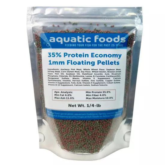 1mm - 1/32" 35% Protein Economy Floating Pellets for Tropicals & More. WL