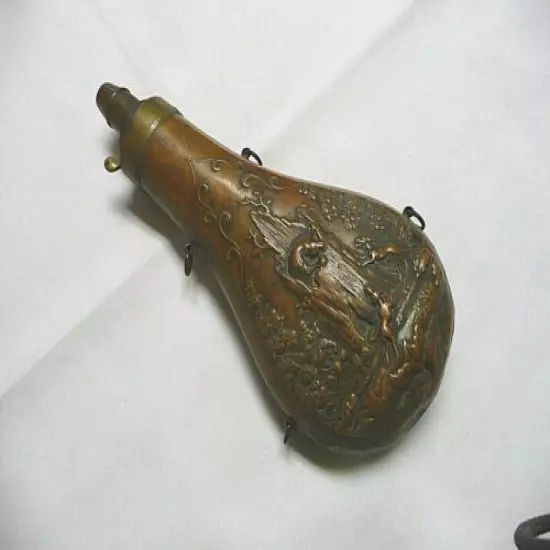 ORIGINAL ANTIQUE LONG GUN BLACK POWDER BRASS FLASK – EMBOSSED - CIVIL WAR ERA