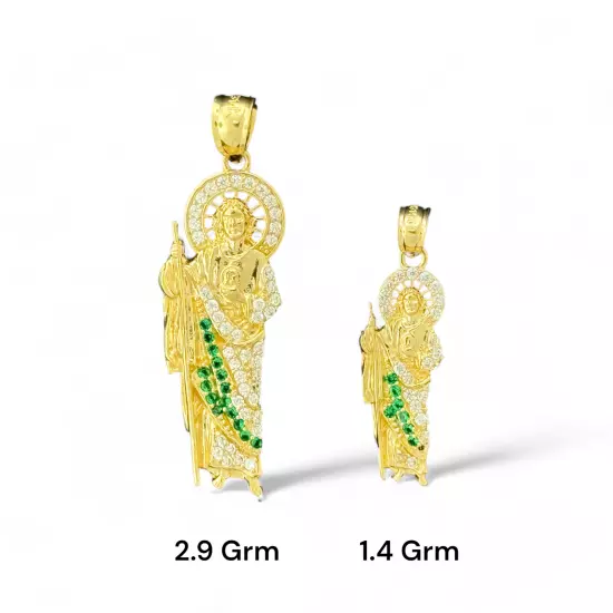 14KT Yellow Gold Saint Jude Pendants with Green CZ Stones - Multiple Sizes