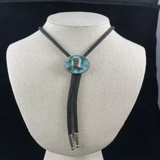 Western Turquoise ￼Blue Cowboy Boot Bolo Tie Silver Tone on Black Cord