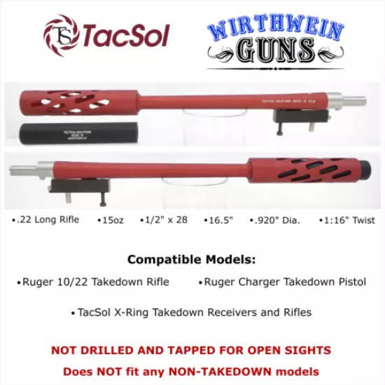 TacSol Ruger 10/22 Takedown SBX Barrel in Matte Red with Matte Red Shroud