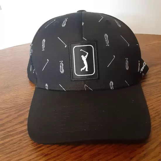 PGA Tour Golf Hat Cap Strap back All Over Print Pro Series Black Adjustable 