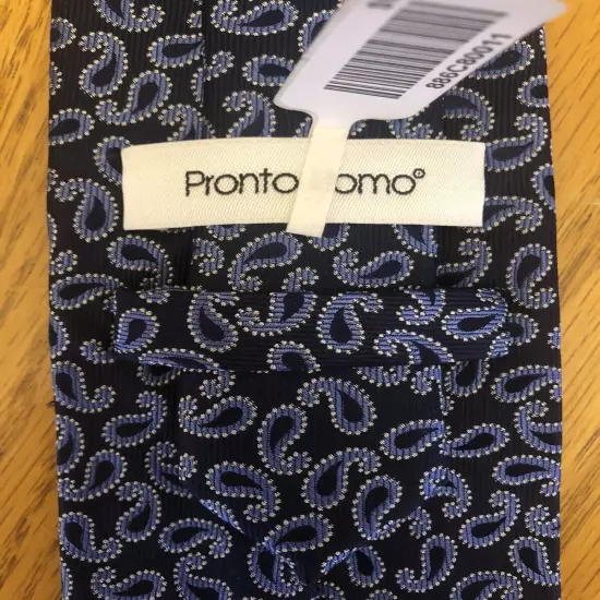 Pronto Uomo Silk Tie, NWT Black & Blue Paisley Design