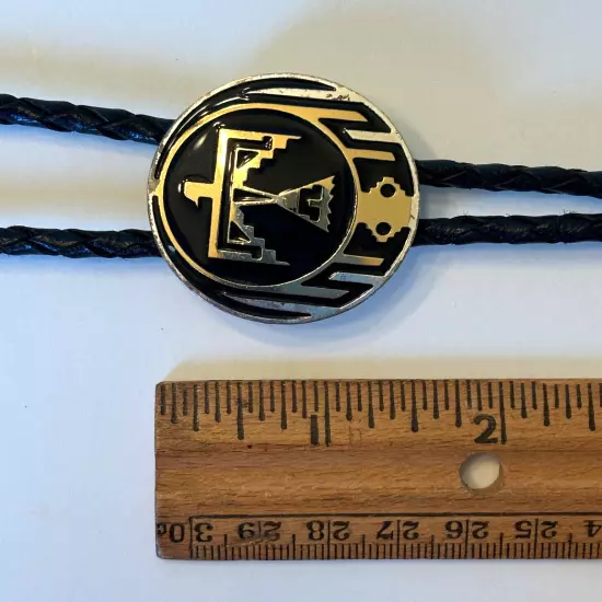 Vtg THUNDERBIRD Bolo Tie Western Necktie Black Leather Cord 1.5" Round Slide