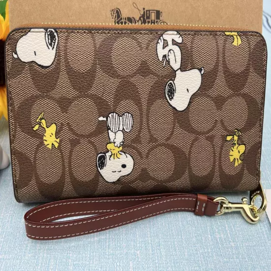 COACH x PEANUTS Long Zip around Wallet Snoopy Woodstock Khaki Signature F/S