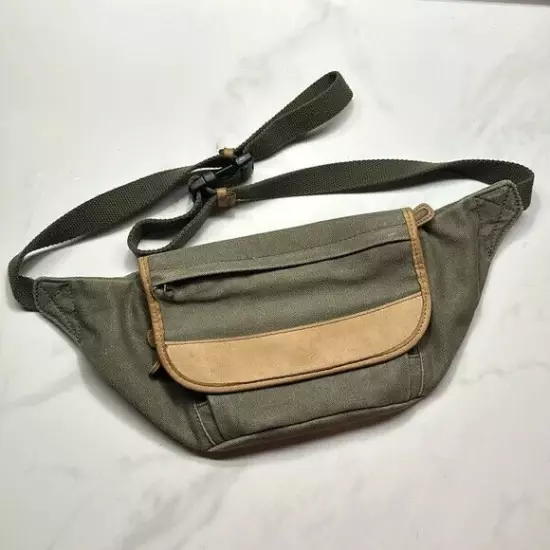 Vintage L.L.Bean Green Canvas Fanny Pack / Belt Bag Leather Trim Crossbody