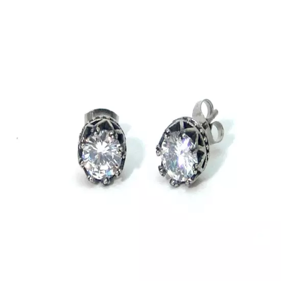 Crown Basket Setting Stud Earrings Brilliant CZ Hypoallergenic Surgical Steel