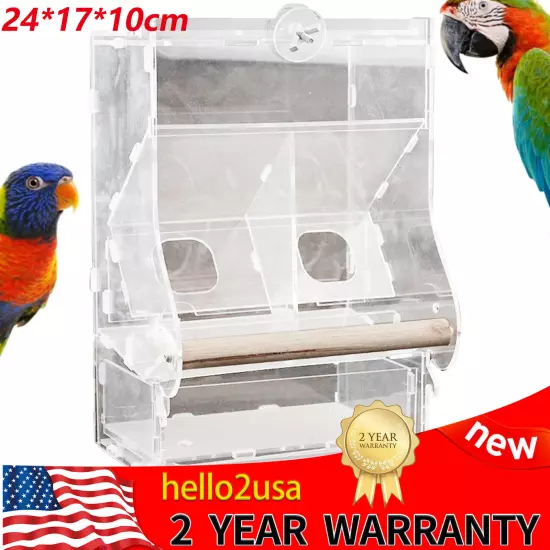 Clear Acrylic Bird Cage Feeder Double Hopper Wood Perches Automatic Feeder USA