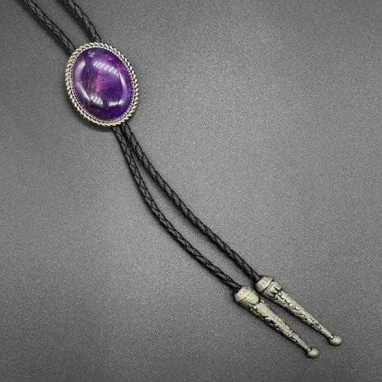 Natural Amethyst Stone Men Bolo Tie Vintage Alloy PU Rope Wedding Party Necklace