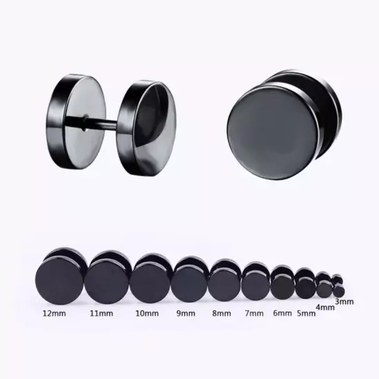 Stainless Steel Pair Black Flat Round Barbell Plug Stud Earrings Mens Gym 14-3mm