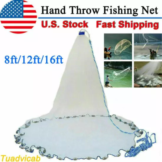 8ft/12ft/16ft Saltwater Fishing Cast Net For Bait Trap Height Easy Throw Sink US