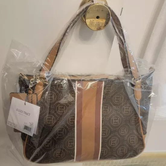 NWT Ellen Tracy Handbag Signature Collection Double Handles Choc, Brown, Cognac