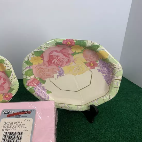 Vintage Paper Art Floral Plates-16 Total With Classic Pink Napkins-16(3ply)USA