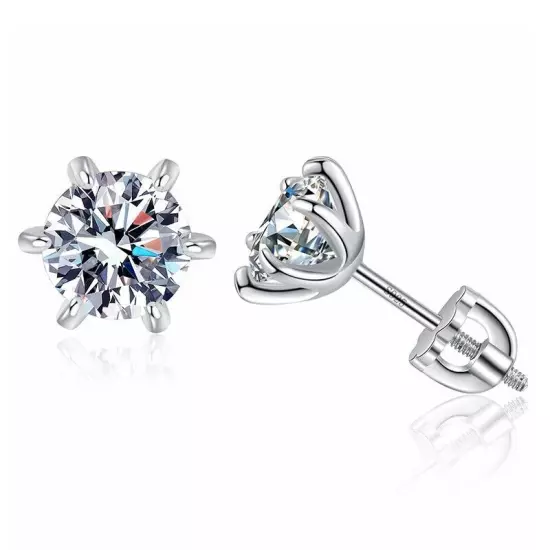 Men 2ct Round Screw Back Moissanite 6Prong Stud Earrings Real Solid 925 Silver