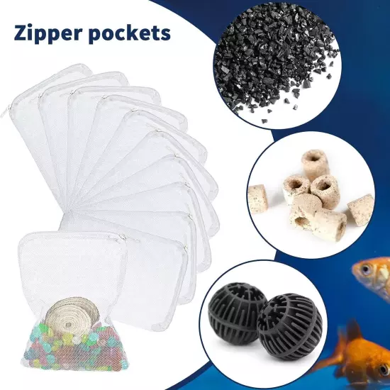 20pcs Nylon Aquarium Filter Media Bags Fish Tank Net Mesh Bag w/ Zipper Reusable