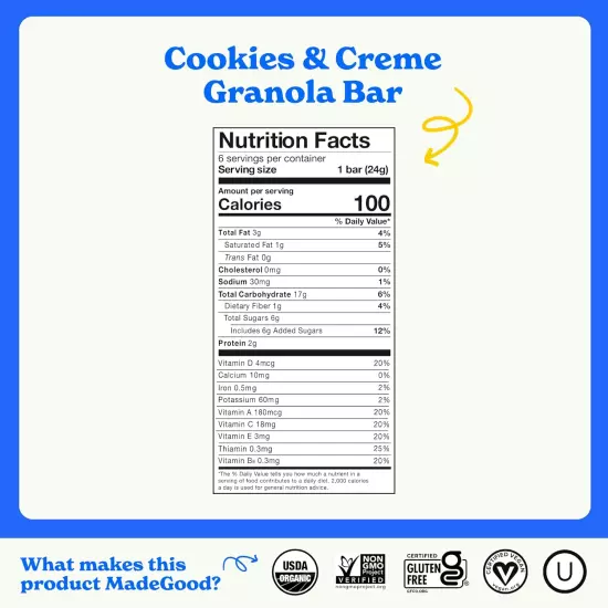 Madegood Cookies & Creme Granola Bars (36 Count, 0.85Oz Each) Contain Nutrients 