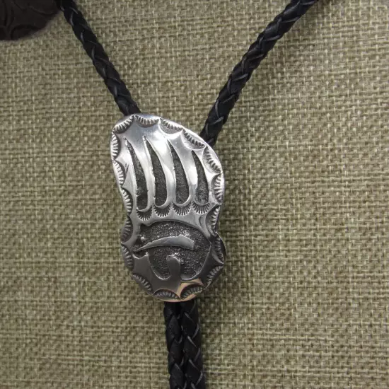 Navajo Sterling Silver Etched Bear Paw Bolo Tie By Kenneth Jones