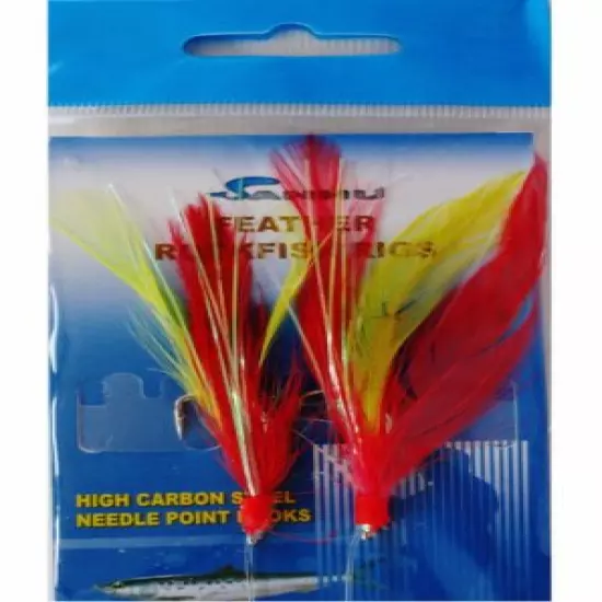 3-100 packs size 3/0 rock cod rigs red/yellow feather rockfish baits-2 Rigs/pack