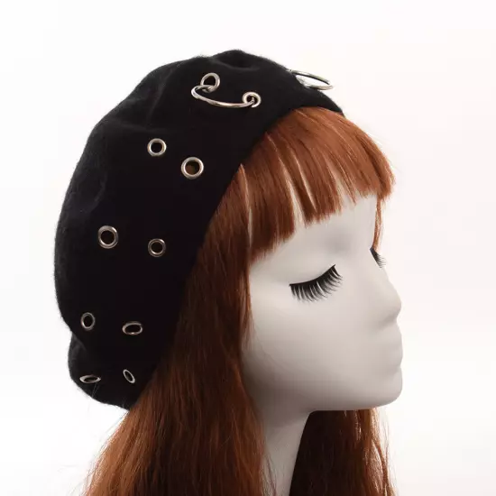 Vintage Harajuku Girls Painter Hat Punk Iron Ring Beret Lolita Girls Painter Hat