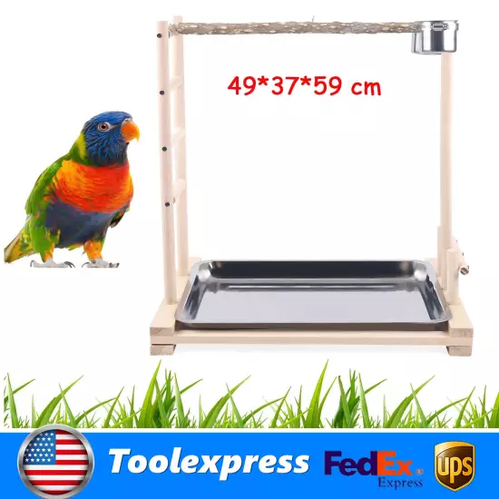 Wooden Bird Stand Rack Large Parrot Perch Playstand with Steel Tray + 2*Food Cup