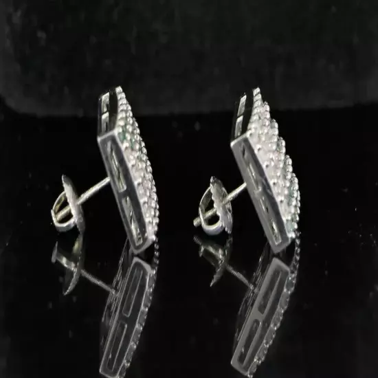 Men's 14K White Gold Plated Half Round Green Diamond Square Screw Stud Earrings~