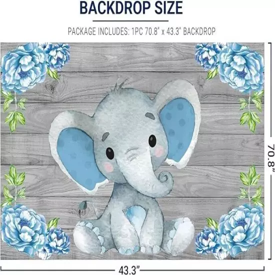 Elephant Backdrop Blue Baby Shower Party Decoration Banner Photography 70"x43"