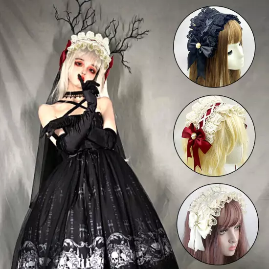 Gothic Lolita Headdress Maid Lace Hair Accessories Cosplay Bowknot Headband