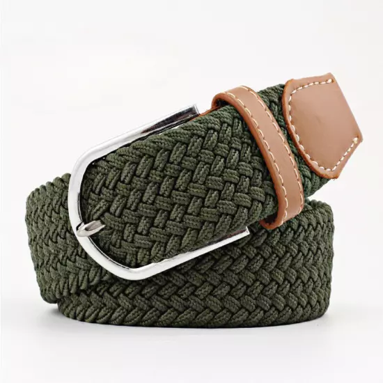 Mens Ladies Belts Canvas Webbing Braided Leather U Buckle Elastic Woven Stretch