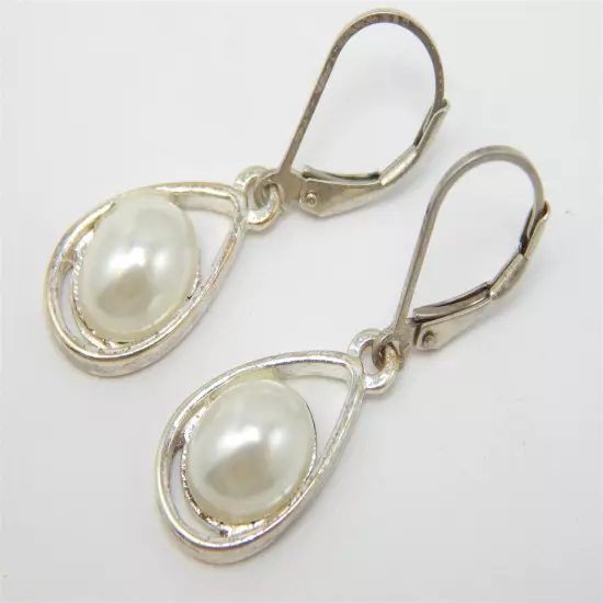 WHITE PEARL SILVER LEVERBACK DANGLE EARRINGS LIGHTWEIGHT