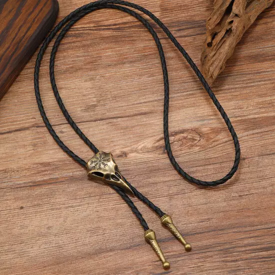 2PCS Men BOLO Tie Vintage Viking Crow Wedding Pendant Necklace Alloy Western