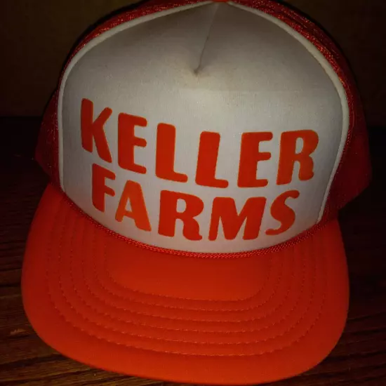 Vintage Keller Farms Farming Cap Hat Trucker Orange White Mesh Adjustable