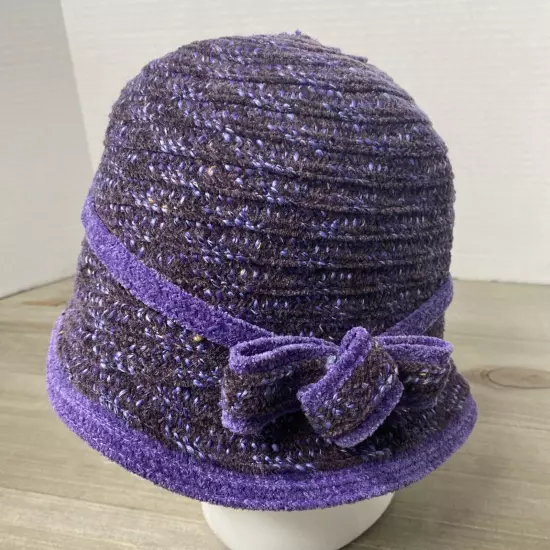 Giovannio Purple Knit Tweed Brim Cloche Bucket Hat w/ Bow Vintage