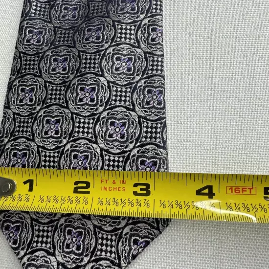 HART SCHAFFNER MARX Men's 100% Silk Necktie Designer Geometric Silver/Purple EUC