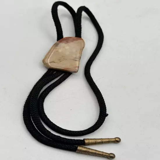 Bolo Tie Polished Jasper Stone On Nylon Cotton Cord With Gold Tone Aiguillettes