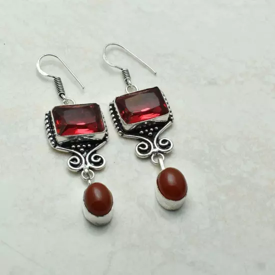 Garnet Carnelian Gemstone Handmade Drop Dangle Earrings Jewelry 2.4" AE-60227