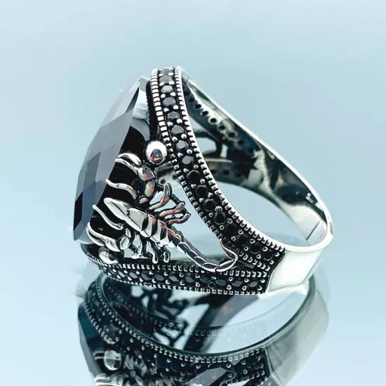 Scorpion Detailed Black Zircon Gemstone 925 Sterling Silver Men's Ring, All Size