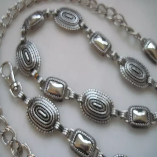 70's Ornate Silver Vintage Chain Belt O/S Adjustable Waist Full Length 58"