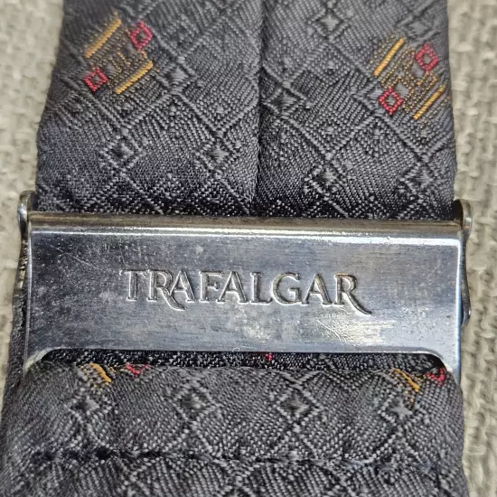 Trafalgar Silk Gray W/ Geometric Mustard And Red. Leather Button Braces. Tarnish