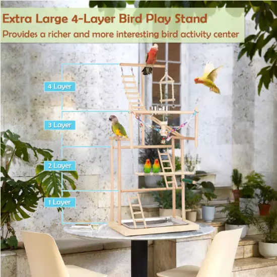 Birds Perch Playstand 4 Layers Large Breeds Medium Small Indoor Natural Pine