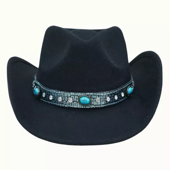 100% Wool Western Cowboy Hat with Turquoise Trim Along Brim *BLACK*