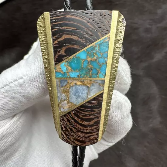 Incredible Vintage Sky West SST Brass Turquoise Gold Wood Inlay Bolo Tie ￼