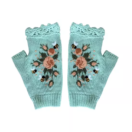 Women Handmade Embroidery Gloves Knit Gloves Flower Gloves Hand Knit Fingerless