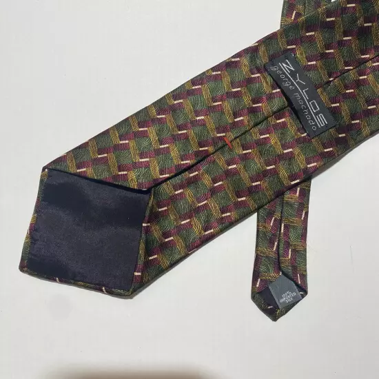 Vintage ZYLOS George Machado 100% Silk Tie Green Red Gold Geometric Made in USA