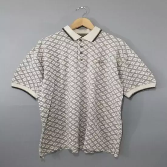 Reebox Vintage 1980s Polo Golf Shirt Cream Grey Geometric Print Mens Size Large