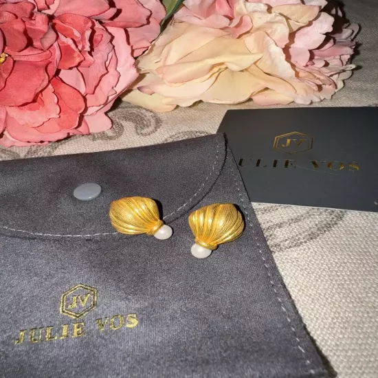 NEW Julie Vos Pearl & 24k Gold Plated Shell Crest Stud Earrings RETIRED NWOT