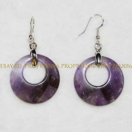 Natural Purple Amethyst 28mm Hollow Round Ring Dangle Silver Hook Earrings PE307