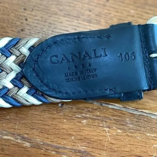 Canali Woven and Leather Stretch Belt Men’s Tan Blue Ivory Size 105 cm or 40