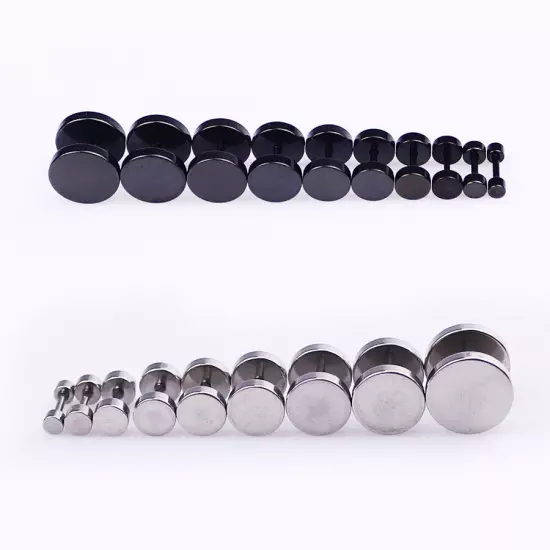 Pair Black Flat Round Barbell Plug Stud Earrings GYM MENS Stainless Steel 3-14MM