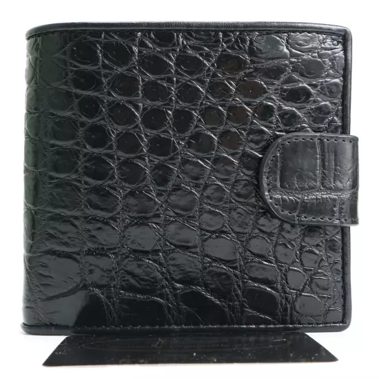 AUTHENTIC CROC SKIN MEN BIFOLD SNAP WALLET SHINY BLACK POCKET COIN SLOT SOFT NEW